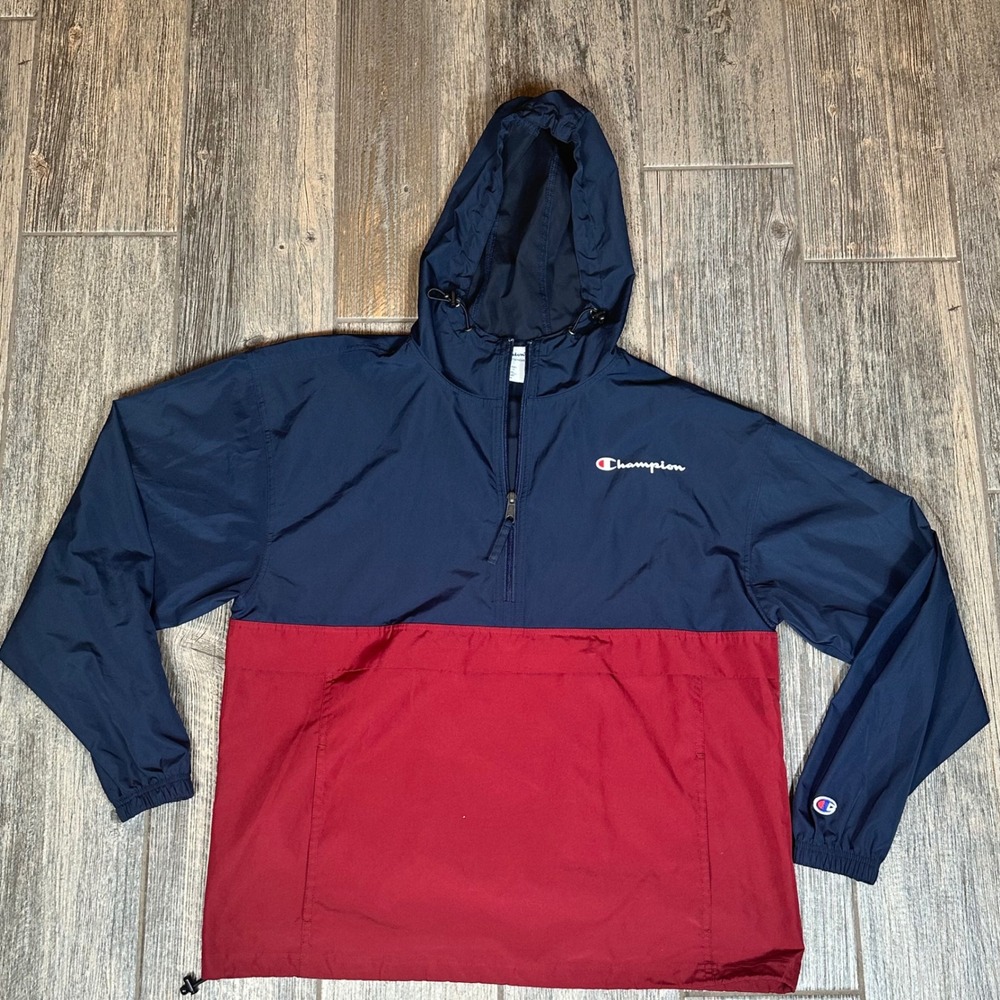 Champion Mens Pullover Windbreaker Jacket Hooded Navy Red Large L